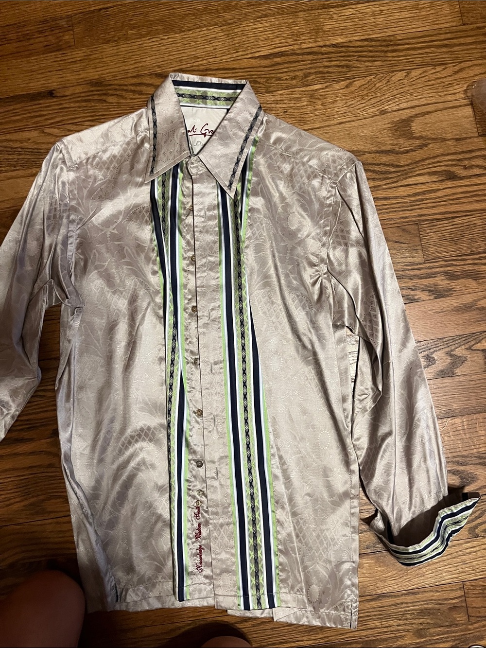 Robert Graham Silver Button-Down Shirt with Green & Navy Stripes
